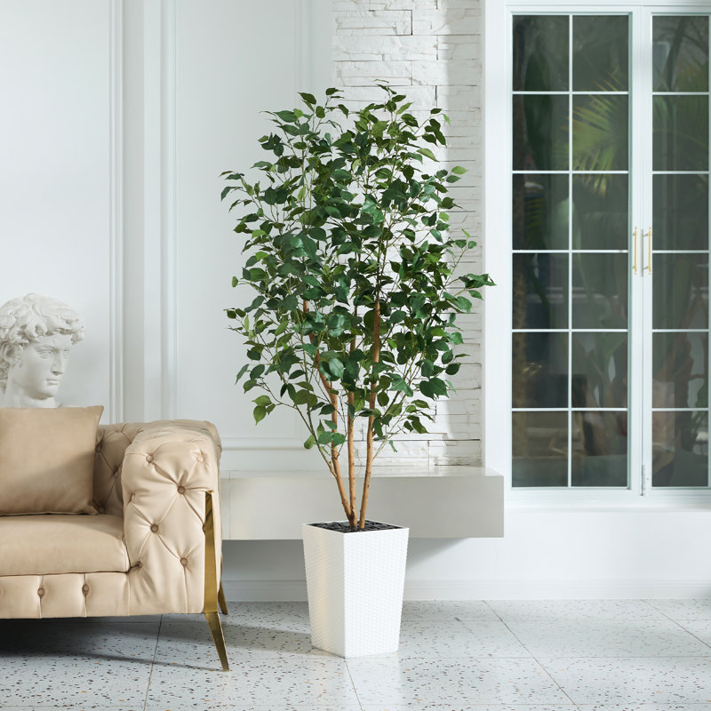 Adcock UV Protected Artificial Ficus Tree with Decorative Base, Faux Ficus Plant with Natural Trunk, 72" H x 24" W x 24" D