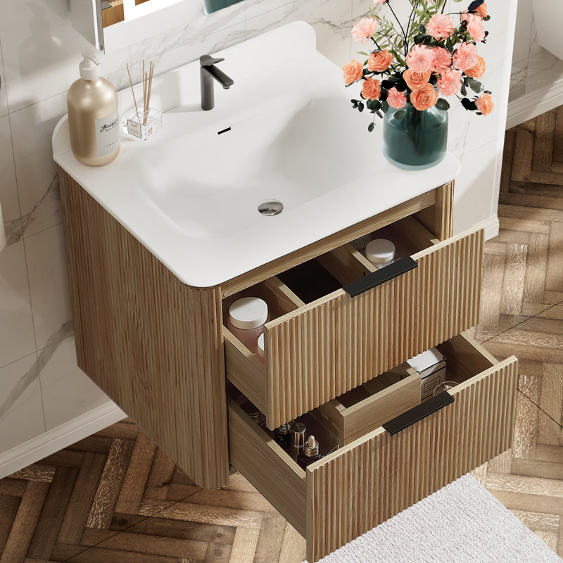 Meuble-lavabo mural 24 po au fini chêne avec armoire en bois massif et comptoir une pièce en acrylique, Chêne, Noir, 24"