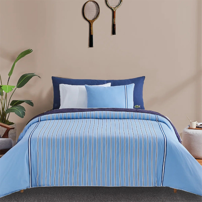 Ensemble d'édredon 100% coton à rayures Lacasse Hollis, toutes saisons avec crocodile brodé, bleu simple