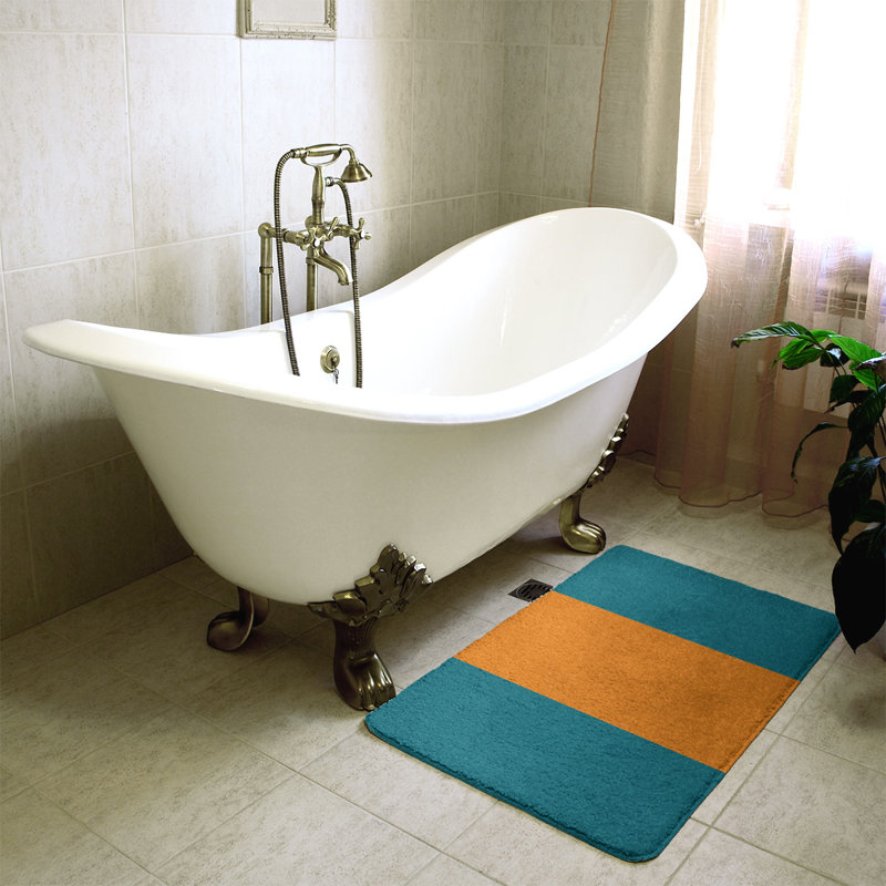 Memory Foam Non-Slip Bath Rug, 21" W x 34" L, Deep Pacific Teal/Burnt Orange