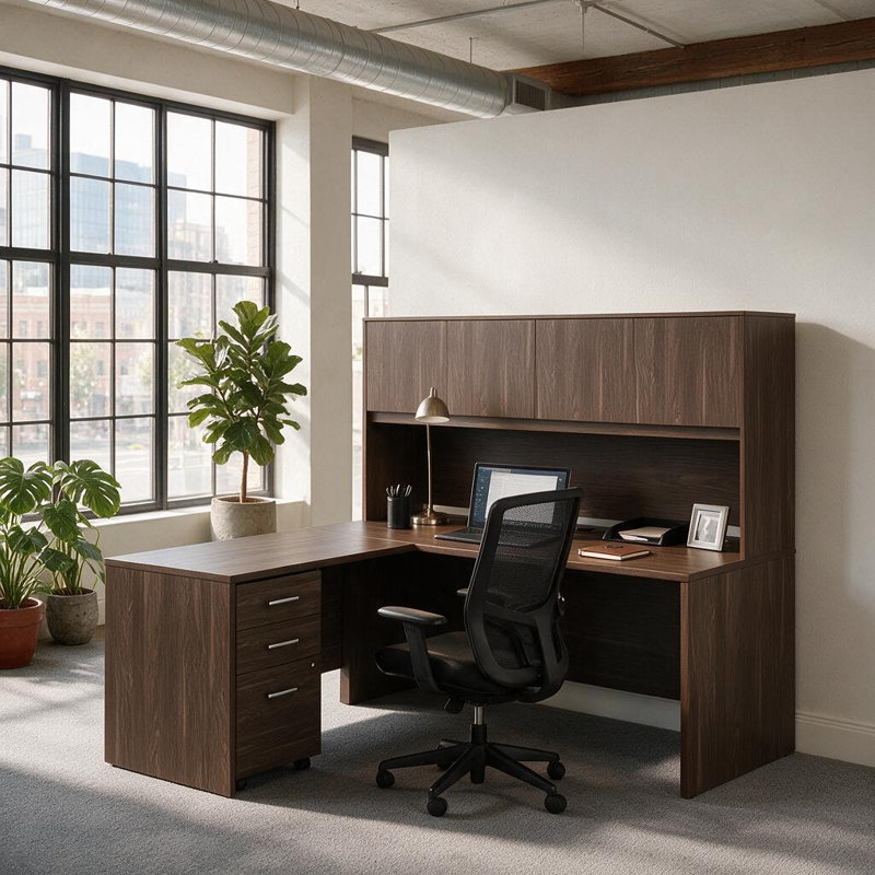 Bureau de direction en L 71 po avec huche et caisson mobile à 3 tiroirs classeur, poste de travail d'angle moderne avec armoire de rangement fermée