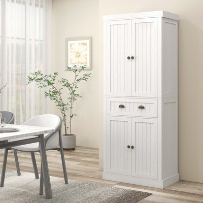 HOMCOM 72" Farmhouse Kitchen Pantry Cabinet, Freestanding Tall Storage Cabinet with 4 Soft-Close Doors, 2 Adjustable Shelves and Drawer for Dining Room, Distressed White