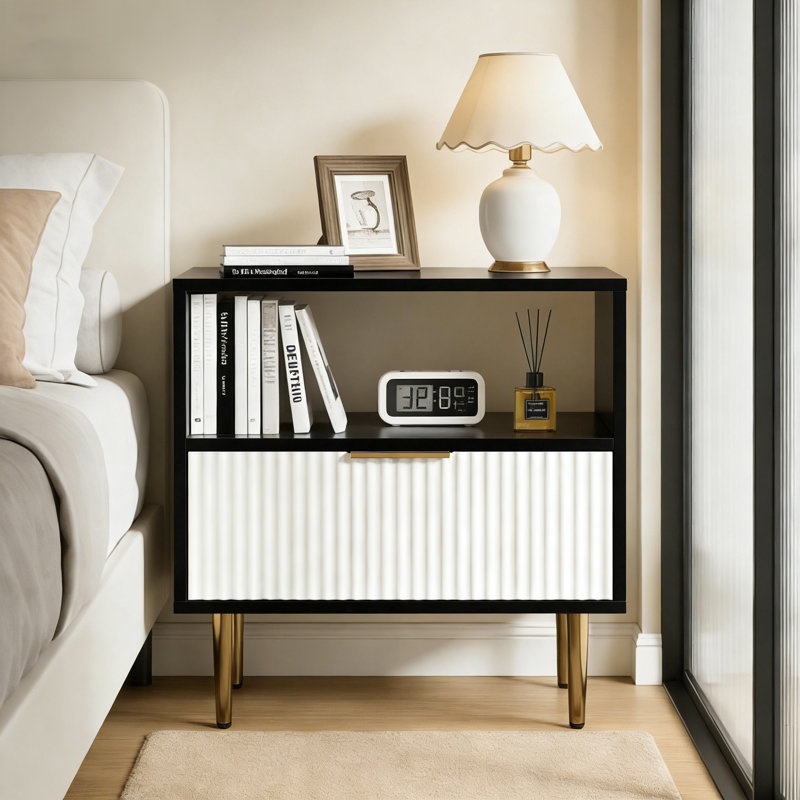 Nightstand With Drawer, End Table With Storage, Side Table With Open Space, Bed Side Table For Bedroom, Modern Nightstand With Golden Handle For Bedroom, Living Room, Black&white