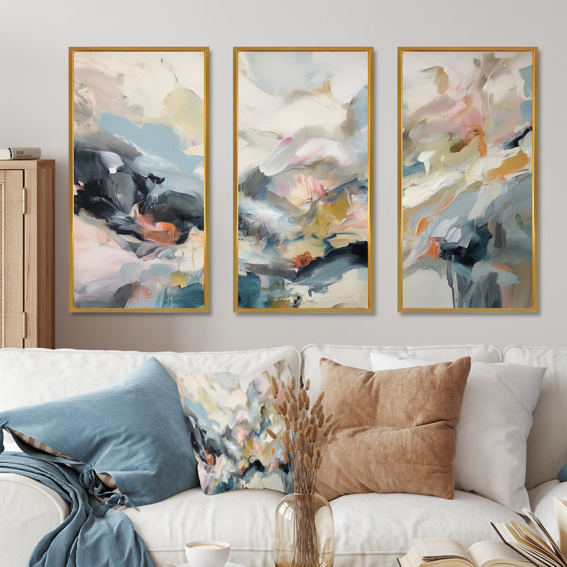 Gris et bleu, vagues vives fluides I - art mural abstrait, Cadre flottant doré, H 32 po x l 48 po x P 1 po