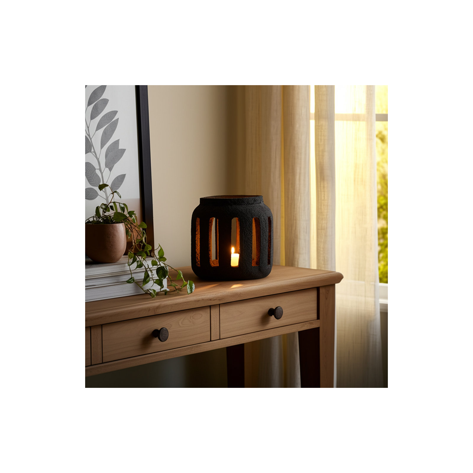 10" Round Lantern Hurricane With Open Slats, Black, 8" H x 8" W x 8" D
