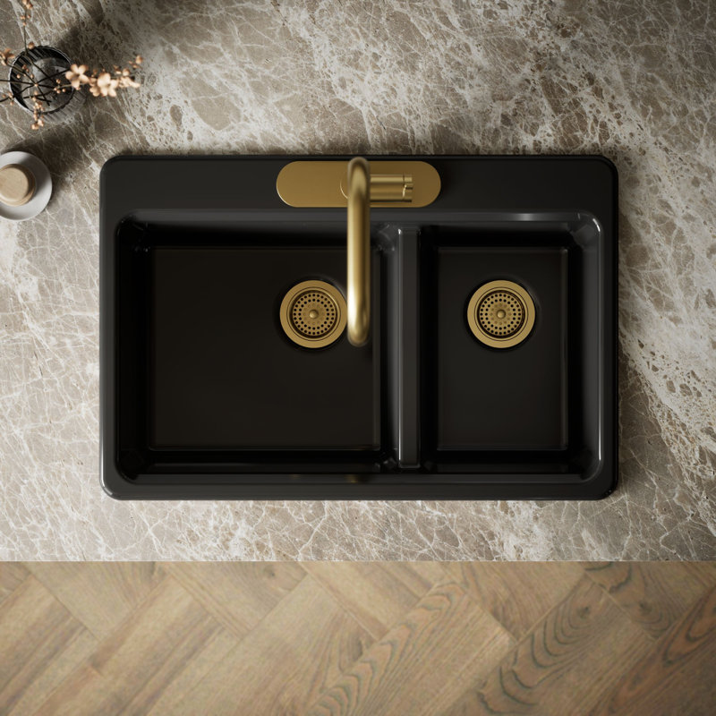 Riverby 33 In. Top-Mount Double-Bowl Kitchen Sink, 3 hole, Black, Large/medium bowls