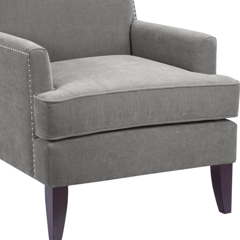 Chaise avec accoudoirs sur rail gris, coussin en mousse haute densité, pieds en bouleau, objet de décoration intérieure, objet de décoration