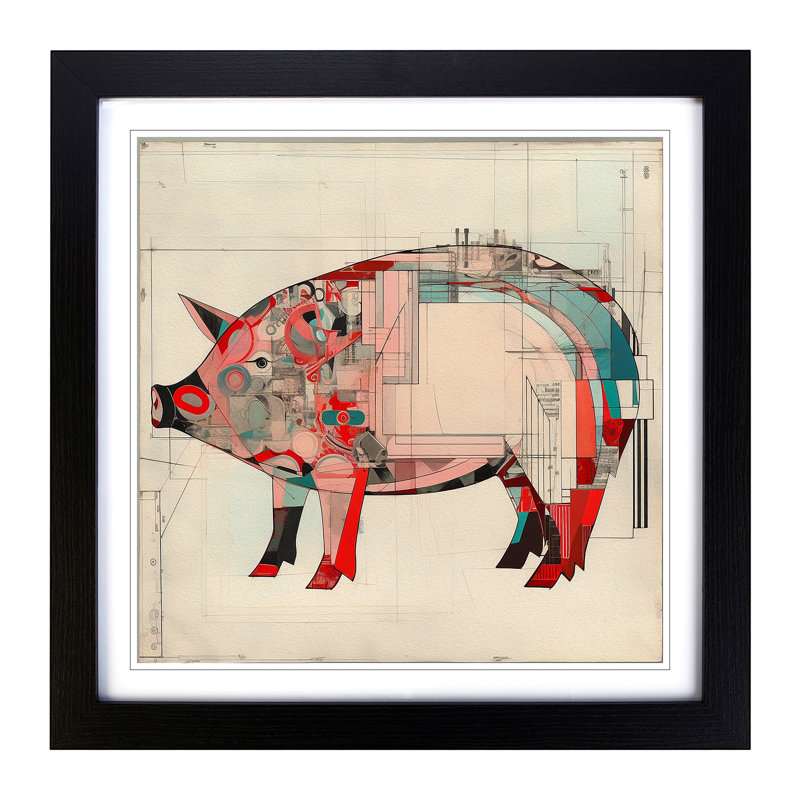Pig Constructivism No.1 - Single Picture Frame Print on Wood, Black