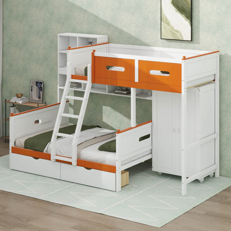 Lit simple superposé au dessus d'un lit double, lit en bois pour enfant avec garde-robe et tiroirs