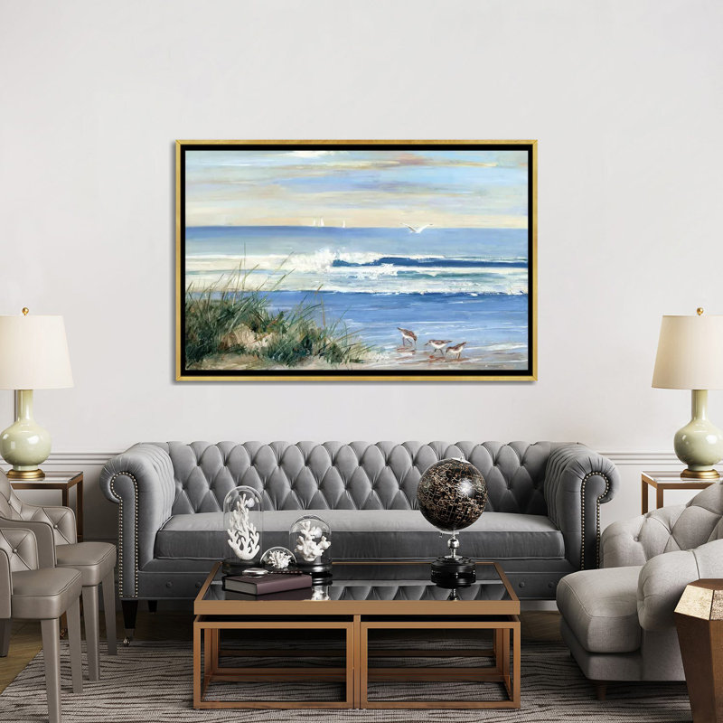 «Beach Combers» par Sally Swatland - reproduction d'art, H 40 po x l 60 po, Toile avec cadre flottant, Doré