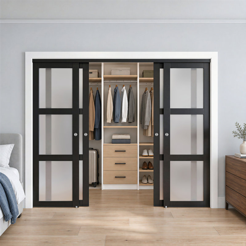 Portes coulissantes doubles en verre givré avec ensemble de quincaillerie d'installation, 144 po x 80 po, Noir