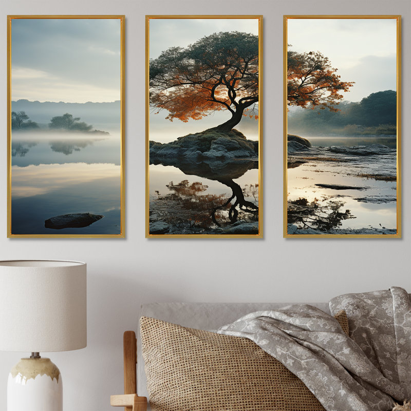 «Lake Tree Tranquility - Lakes Lakehouse», ensemble d'art mural, Cadre flottant doré, H 32 po x l 48 po x P 1 po