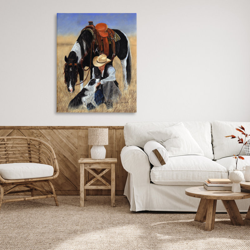«Cowboy avec chien et cheval sur toile» par Victoria Schultz, H 48 po x l 36 po x P 1,5 po