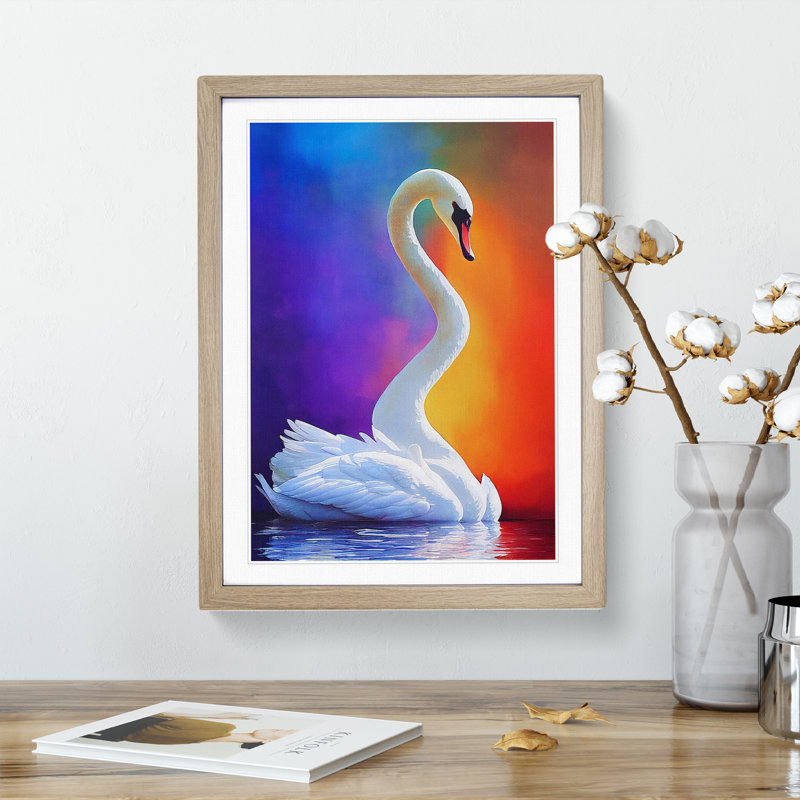 Unique Swan - Wall Art, 48cm H x 36cm W, Oak Framed Paper, White