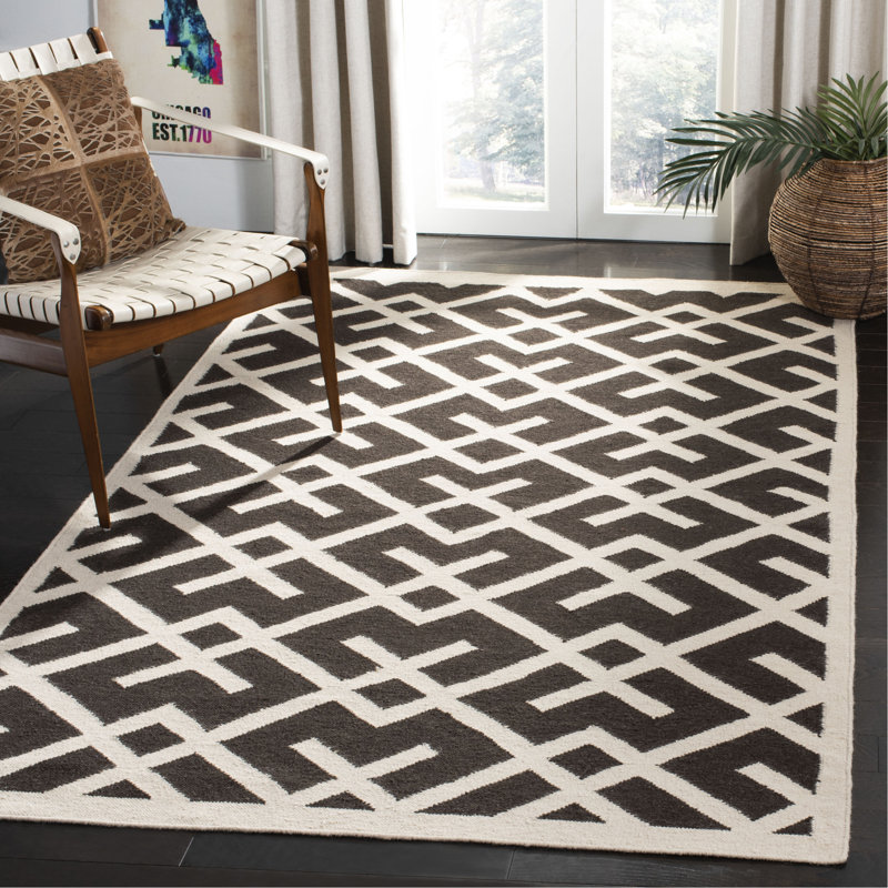 Fung Hand Woven Flat Weave Wool/Cotton Geometric Rug in Brown/Ivory, Rectangle 9' x 12'