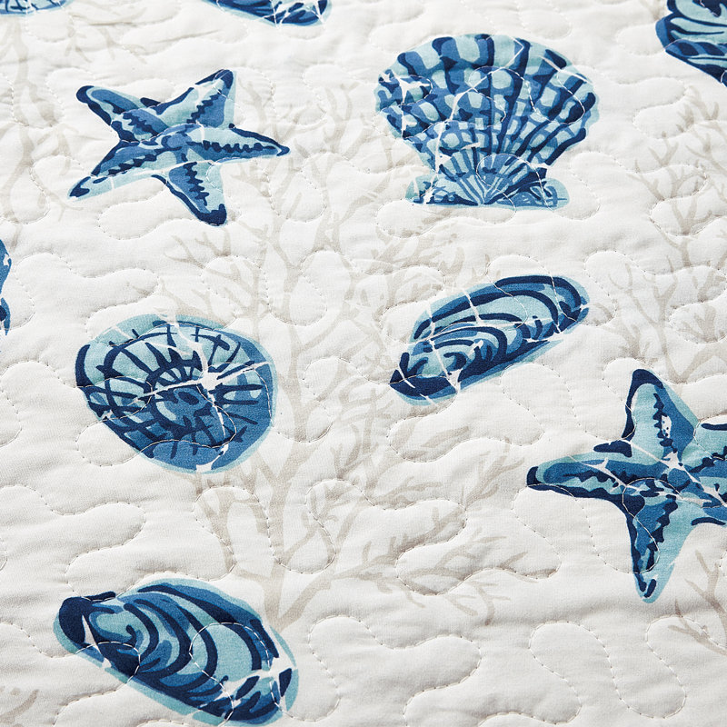 Twin Blue Shells Reversible Microfiber Coastal Quilt Set