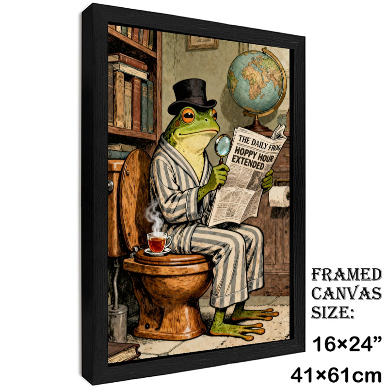 Art encadré noir, "Mr. Frog" lisant attentivement le journal sur la toilette, reproductions d'art encadrées de style rétro