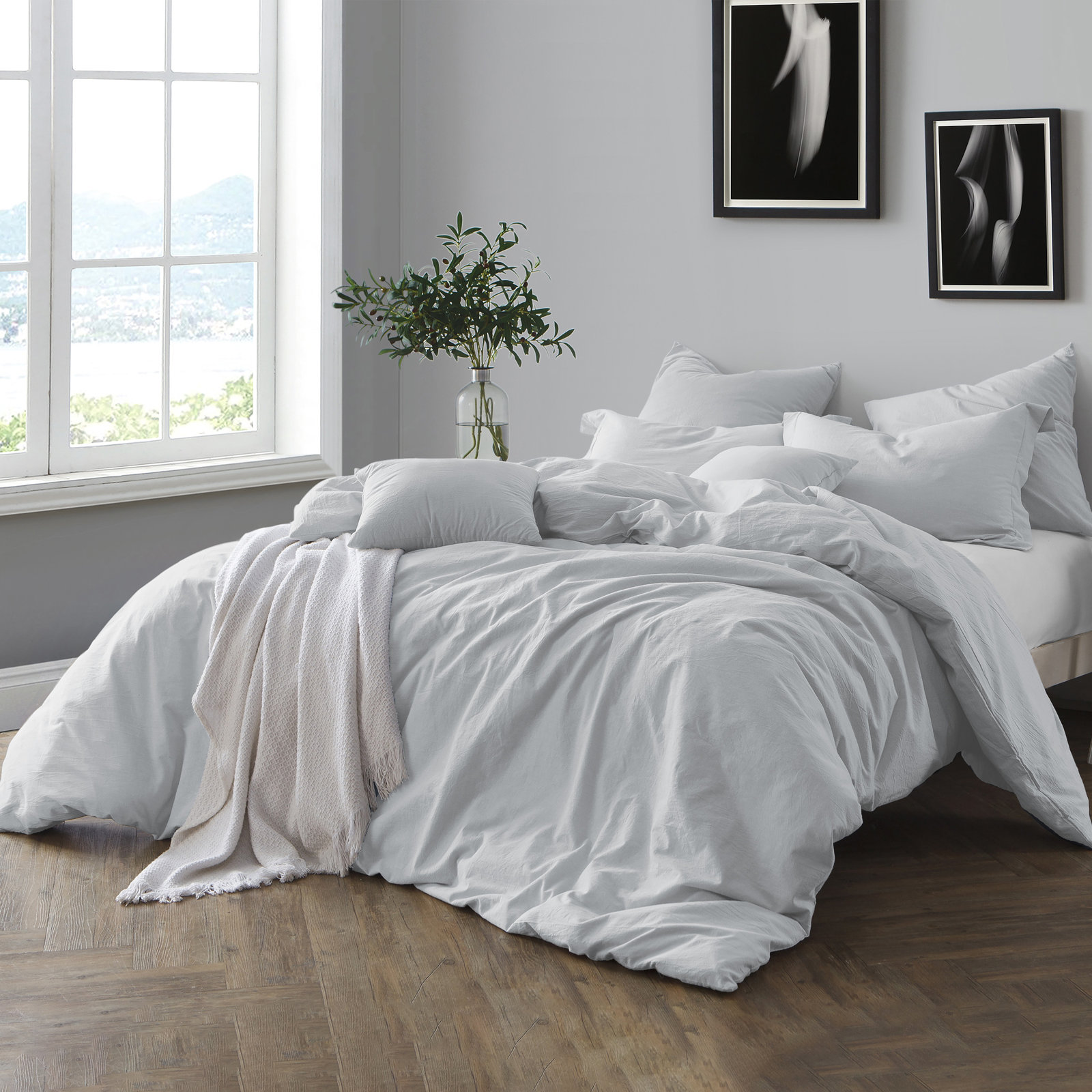 100% Cotton Crinkle Washed Duvet Cover Set, King/Cal. King Duvet Cover + 2 Shams, Pale Blue