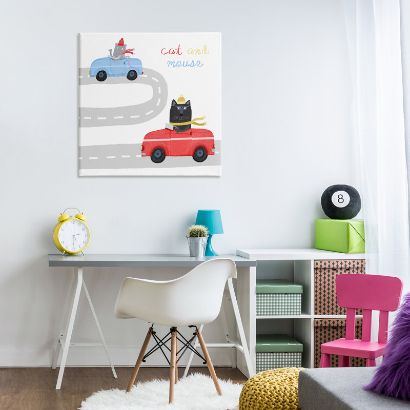 Chat et souris dans une voiture, art mural par Carla Daly, H 30 po x l 30 po