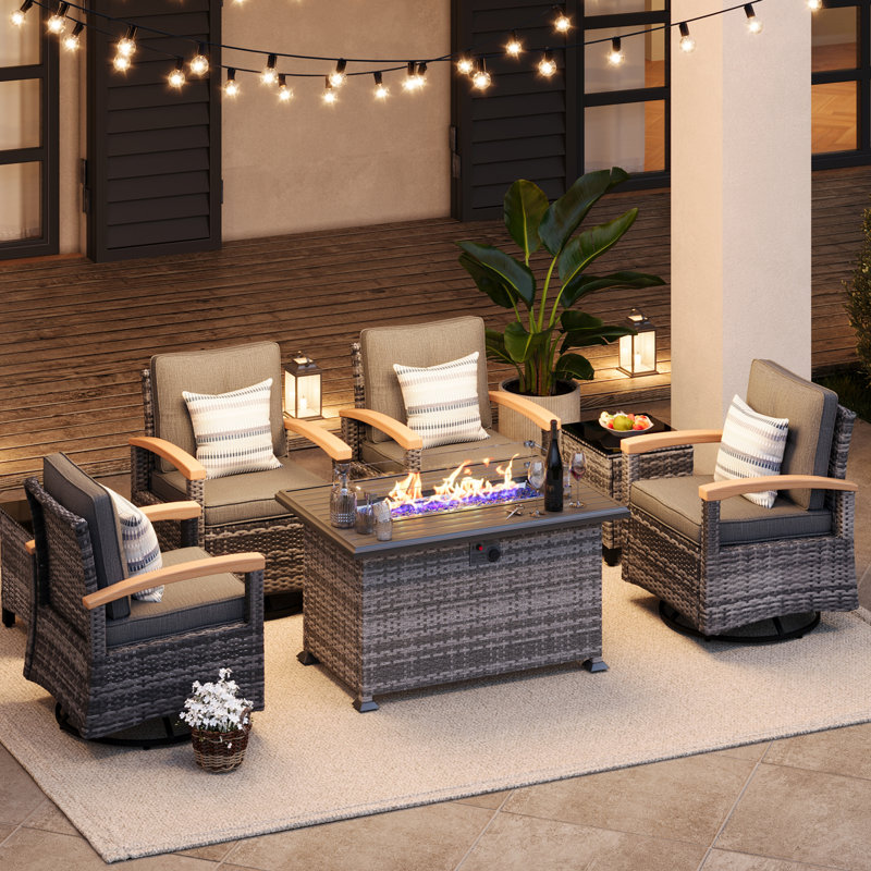  7 Pieces Patio Furniture Sets With Fire Pit Table, Wicker Outdoor Conversation Sets With 4 Swivel Rocker Chairs And Side Table(Grey)