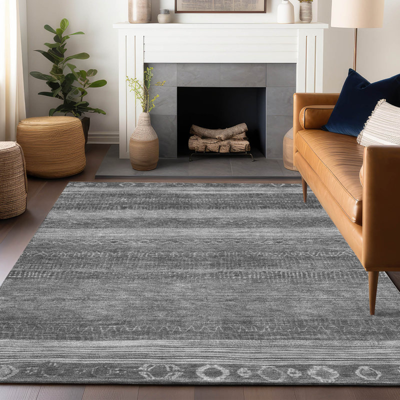Tapis intérieur / extérieur gris lavable à la machine Xhevrie, Rectangle 9 pi x 12 pi