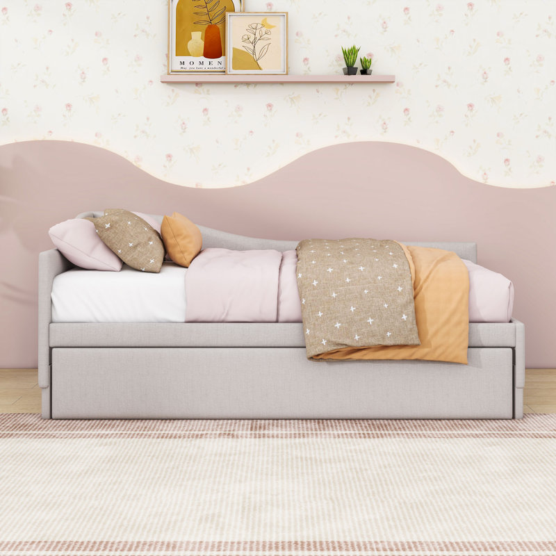 Twin Daybed with L-Shaped Backrest and Twin Trundle, Beige