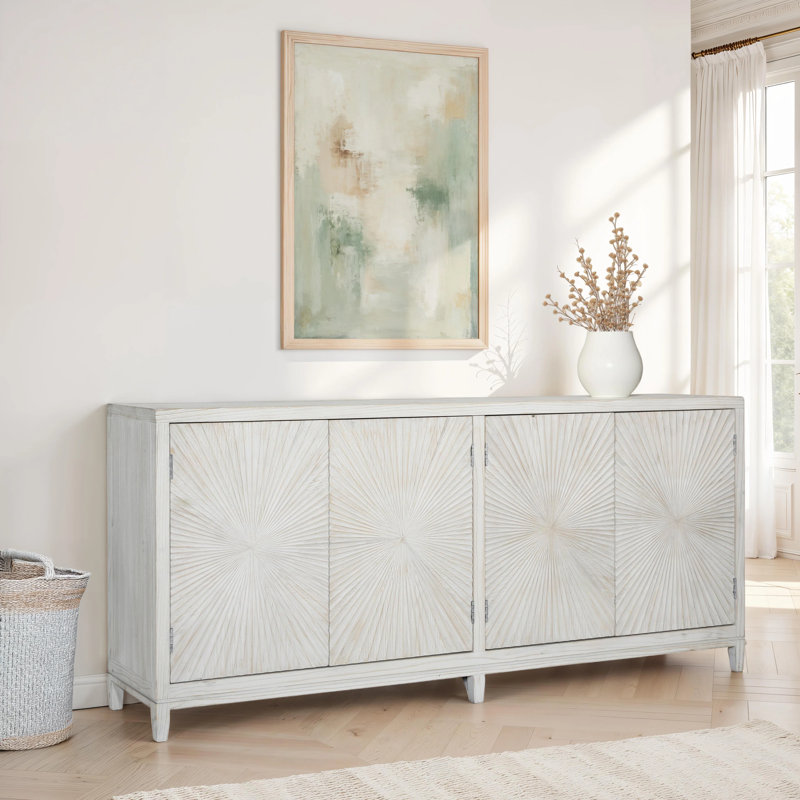 Melrose 79-Inch Pine Light Wash 4-Door Sideboard With Hand Carved Burst Pattern Door Fronts