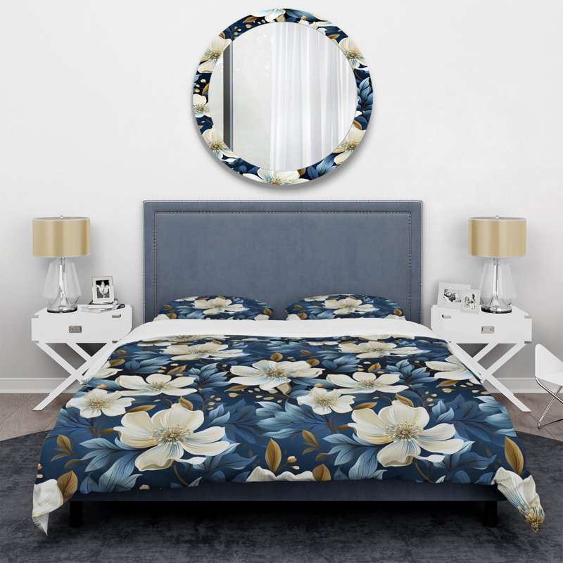 Ensemble de housse de couette à motif de fleurs blanches et bleues I, Housse de couette pour très grand lit et 2 très