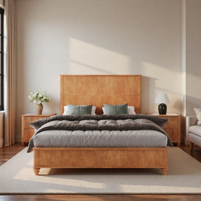 Structure de lit plate-forme avec tête de lit à texture douce et élastique / simple mais élégant / confortable, grand lit en bois naturel, aucun sommier nécessaire