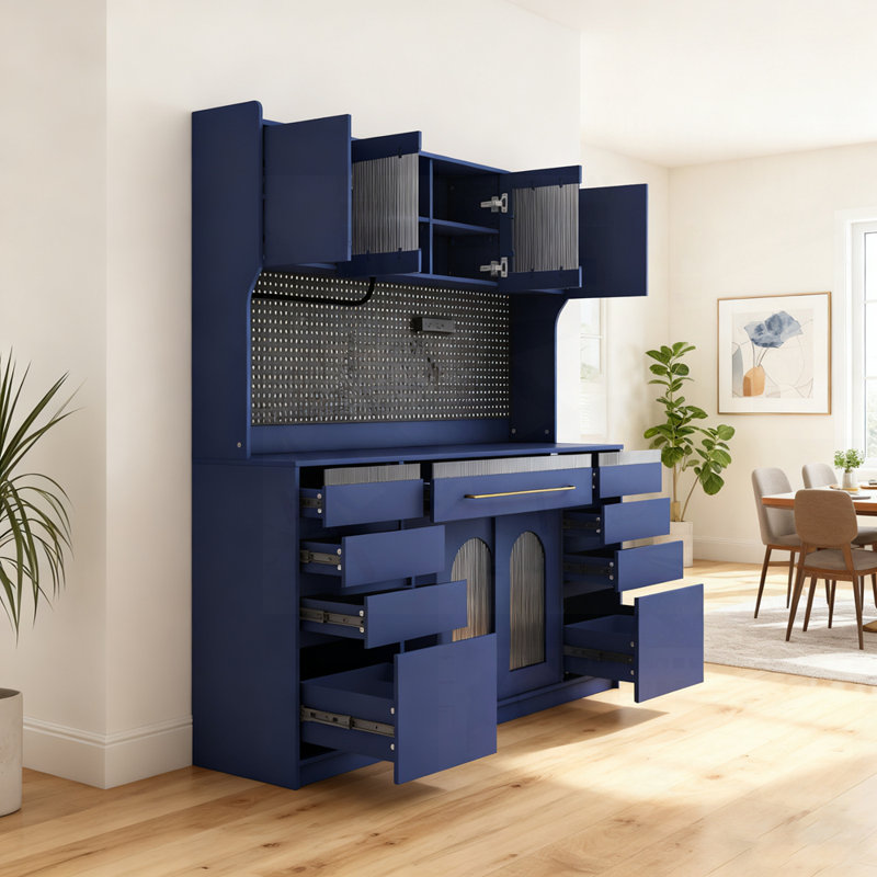 Grande armoire de rangement avec 6 tiroirs et 5 armoires, Bleu