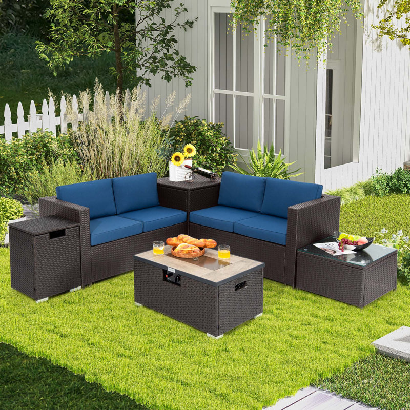 Ensemble de conversation d'extérieur en osier pour 4 personnes avec coussins Dalius, Bleu marine