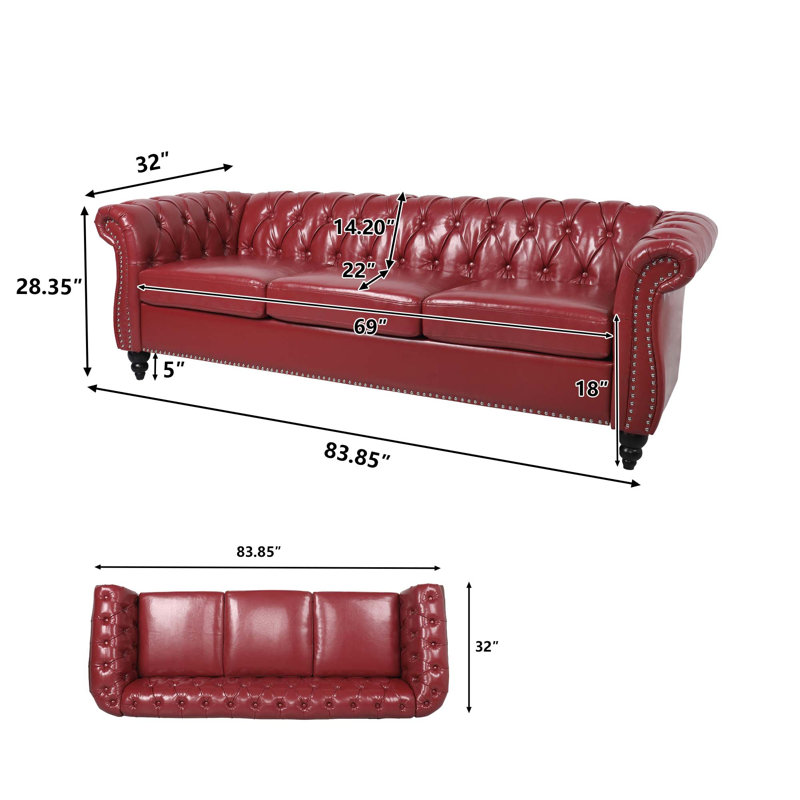 Canapé Chesterfield 83,85 po Deaneen, Similicuir rouge