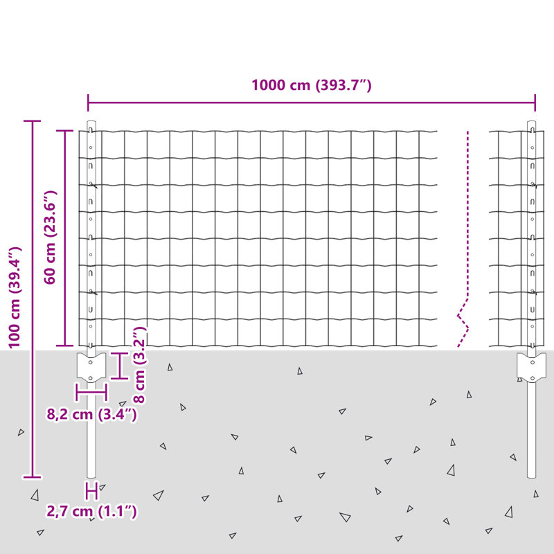 Fence with Post Segment Outdoor Barrier Garden Terrace Divider Boundary, 60cm H x 1000cm W, Silver