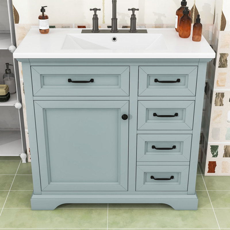 Meuble-lavabo en bois avec lavabo et tiroirs et tablettes de rangement, Gris