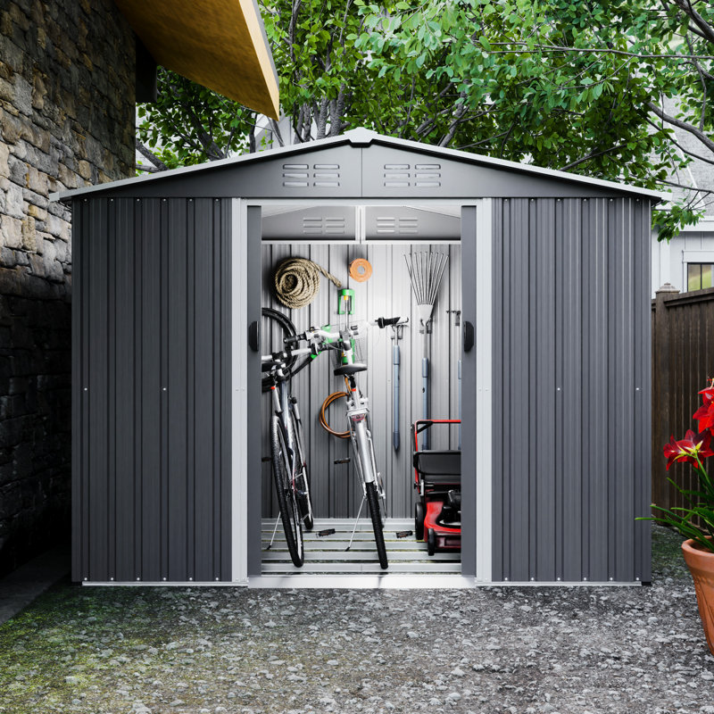 8X6 Ft Galvanized Steel Outdoor Shed With Lockable Doors - All Weather Use For Garden, Patio, Backyard, Lawn, Gray Fire Metal & Foundation In To Rust