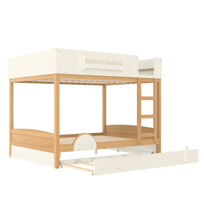Grand lit superposé avec lit gigogne, cadre de lit superposé en bois avec bibliothèque intégrée et garde-corps de sécurité de haute qualité, conception de forme d'automobile pour enfants, beige naturel