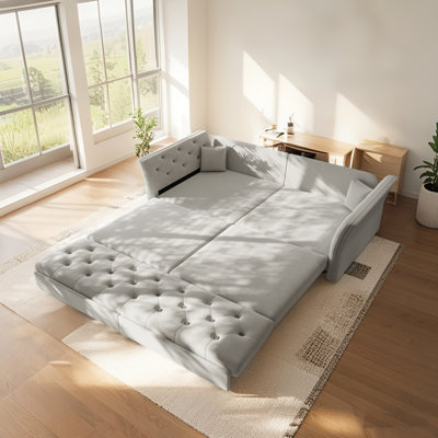 75" Oversize 3-In-1 Convertible Sleeper Sofa Bed With 2 Pillows,Modern Velvet Pull Out Chesterfield Flower Tufted Sleeper Couch For Living Room,Bedroom,Apartment
