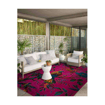 Pink Themed Tree Flower and Bird Patterned Creative Modern Decorative Machine Washable Rug