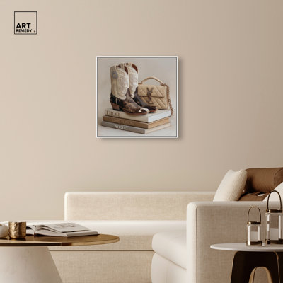 Luxury Cowgirl Boots and Books Framed Canvas Print Dorm Wall Decor by Art Remedy, White Frame, 30 x 30