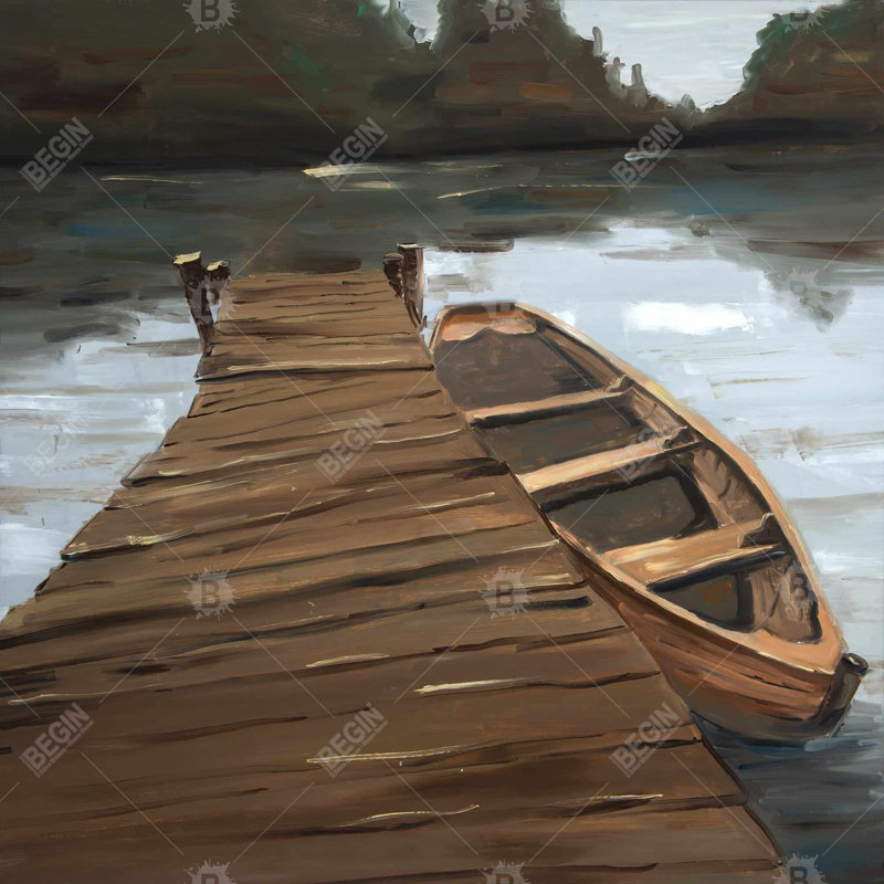Lac, quai et bateau - Toile encadrée, H 24 po x l 24 po