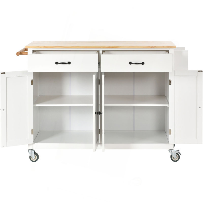 Chariot pour îlot de cuisine avec plateau en bois massif et roues verrouillables, largeur de 54,3 pouces, armoire à 4 portes et deux tiroirs, support à épices, porte-serviettes