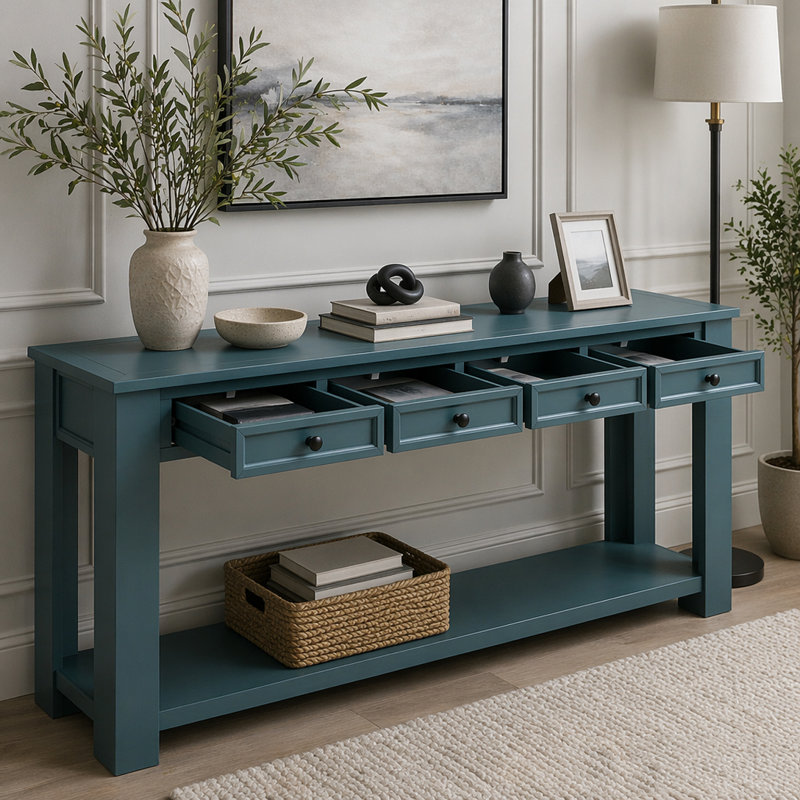 Console 63 pouces avec quatre tiroirs et tablette inférieure, Dark Blue