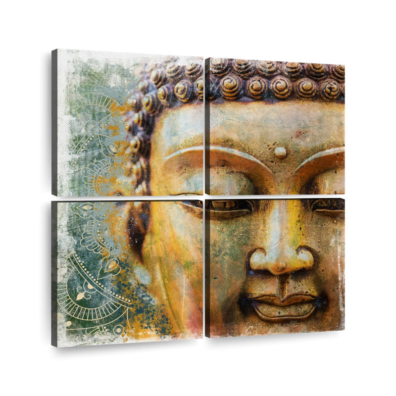 «Buddha Golden Buddha Face Gros plan sur toile», reproduction de 4 pièces, H 18 po x l 18 po x P 1 po