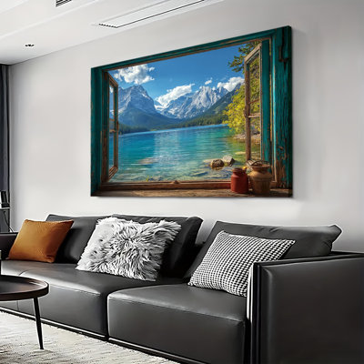 Alpine Mountain Vista Calm Waters Panoramic Scene, Large Gallery Wrapped Canvas Wall Art Print for Living Room & Bedroom
