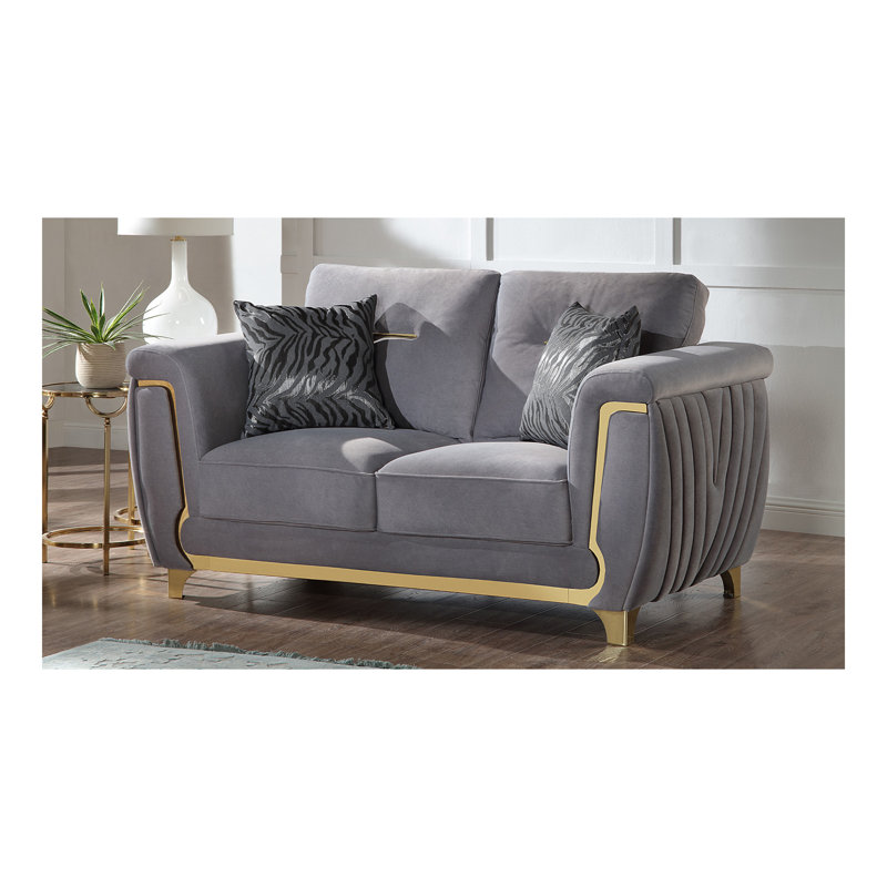 Causeuse rembourrée Leena de style contemporain en bois avec accents dorés et gris, Gris