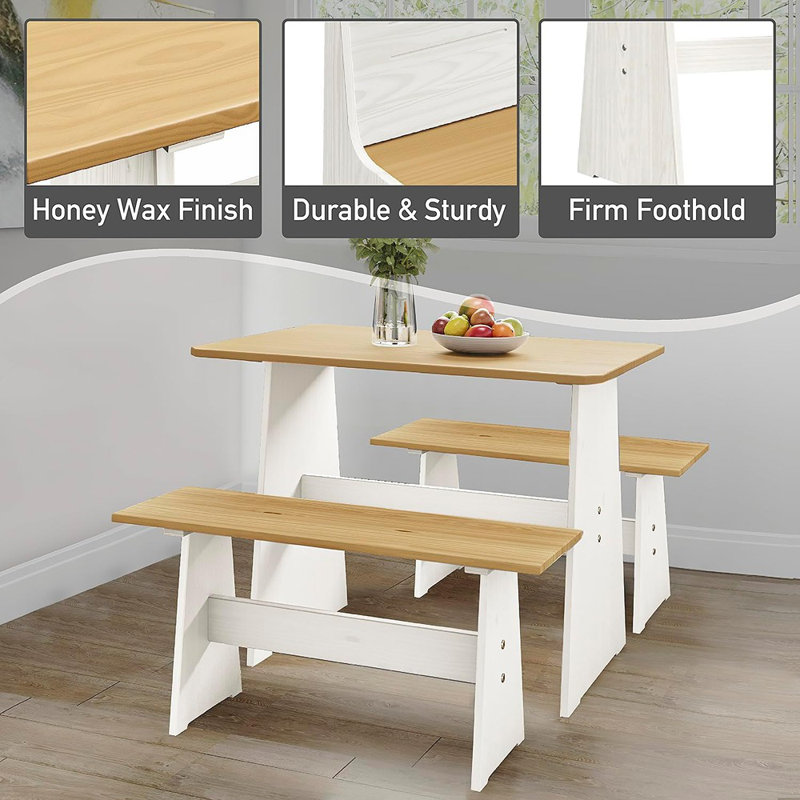 3-Piece Dining Table With 2 Bench Chair Set Wooden Br...