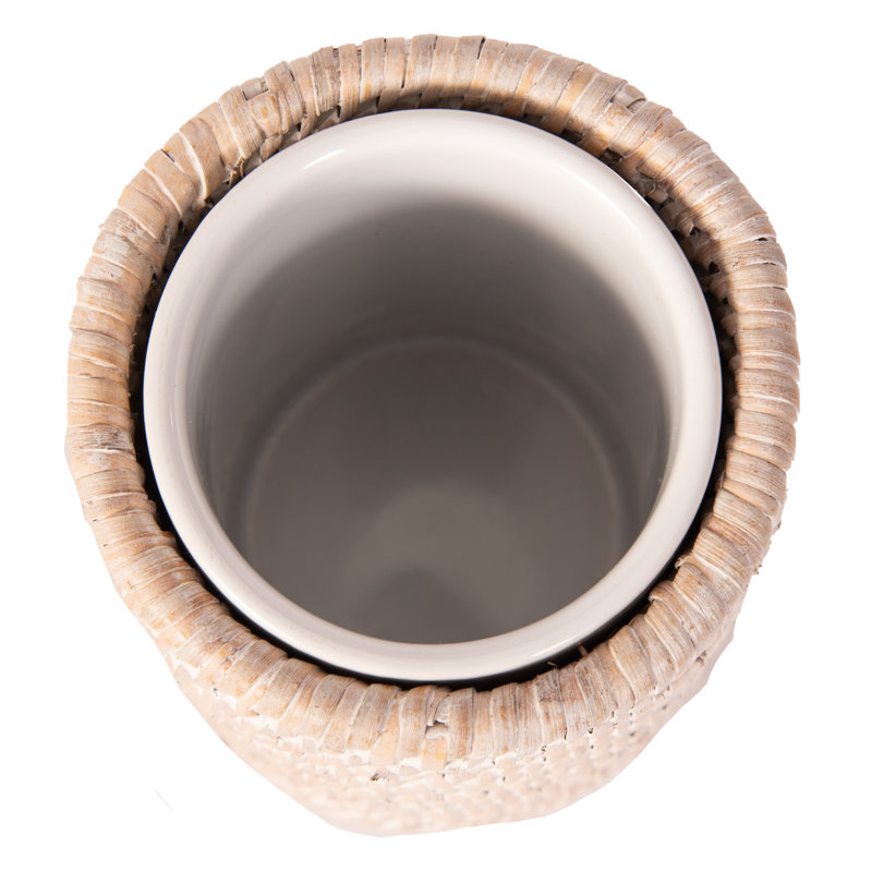 White Wash Ceramic Tumbler with Hand-Woven Rattan Exterior