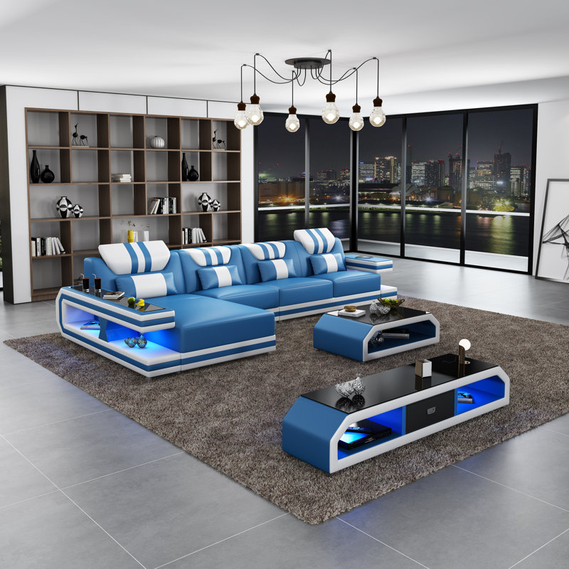 Lightspeed Modular Sectional, Blue/White Genuine Leather, Left Hand Facing