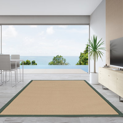 Nannette Handmade Medium Beige Berber with Green Cotton Border Made in the USA Area Rug