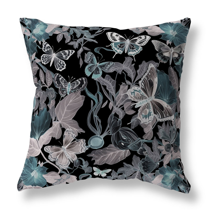Coussin Butterfly Haven, H 16 po x l 16 po, Noir / bleu sarcelle